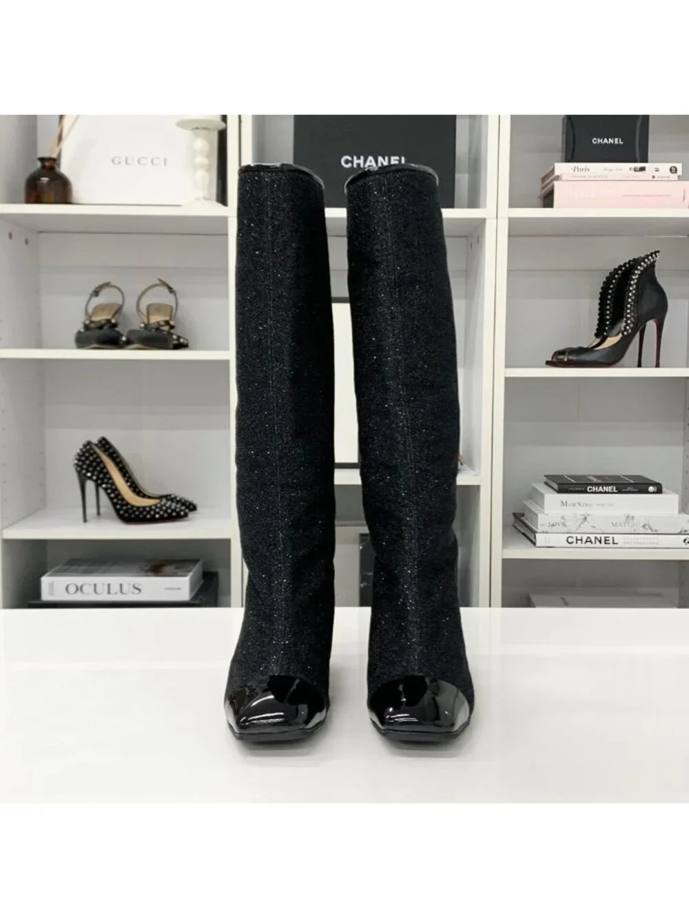 Chanel CC Logo Fabric Patent Glitter Long Boots Black
